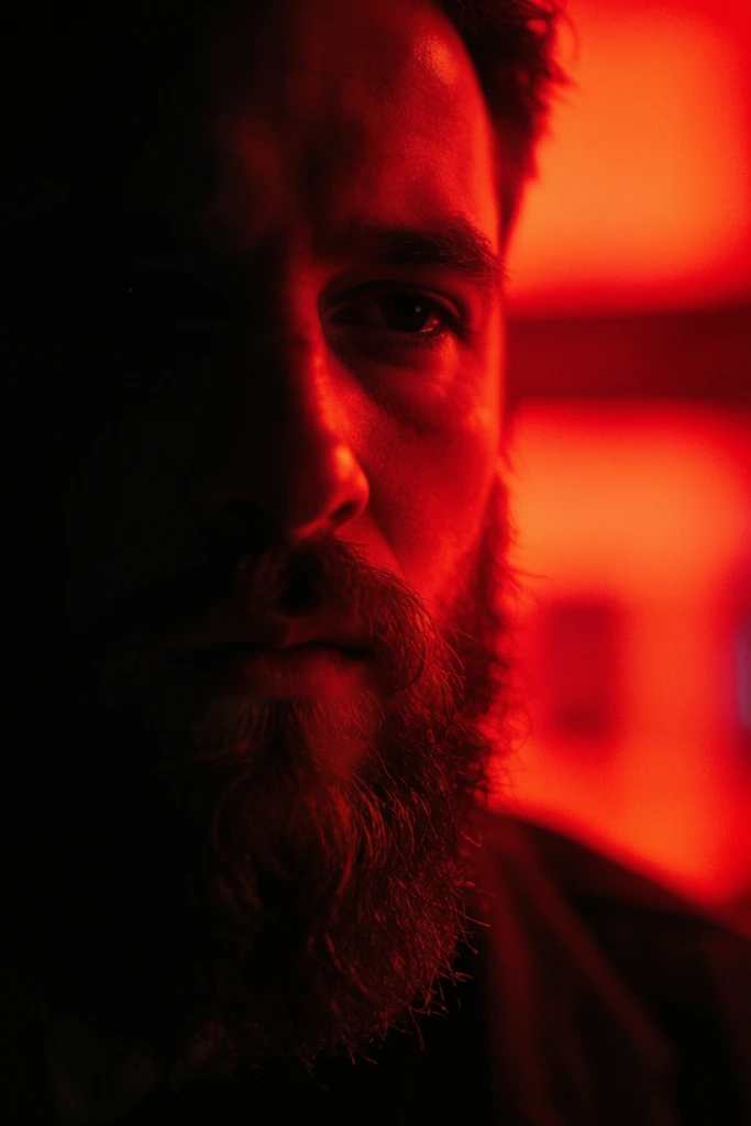close-up profile of a bearded man, intense red neon lighting, deep shadows, half-obscured face, cinematic neo-noir style, high contrast, blurred red background, film grain
