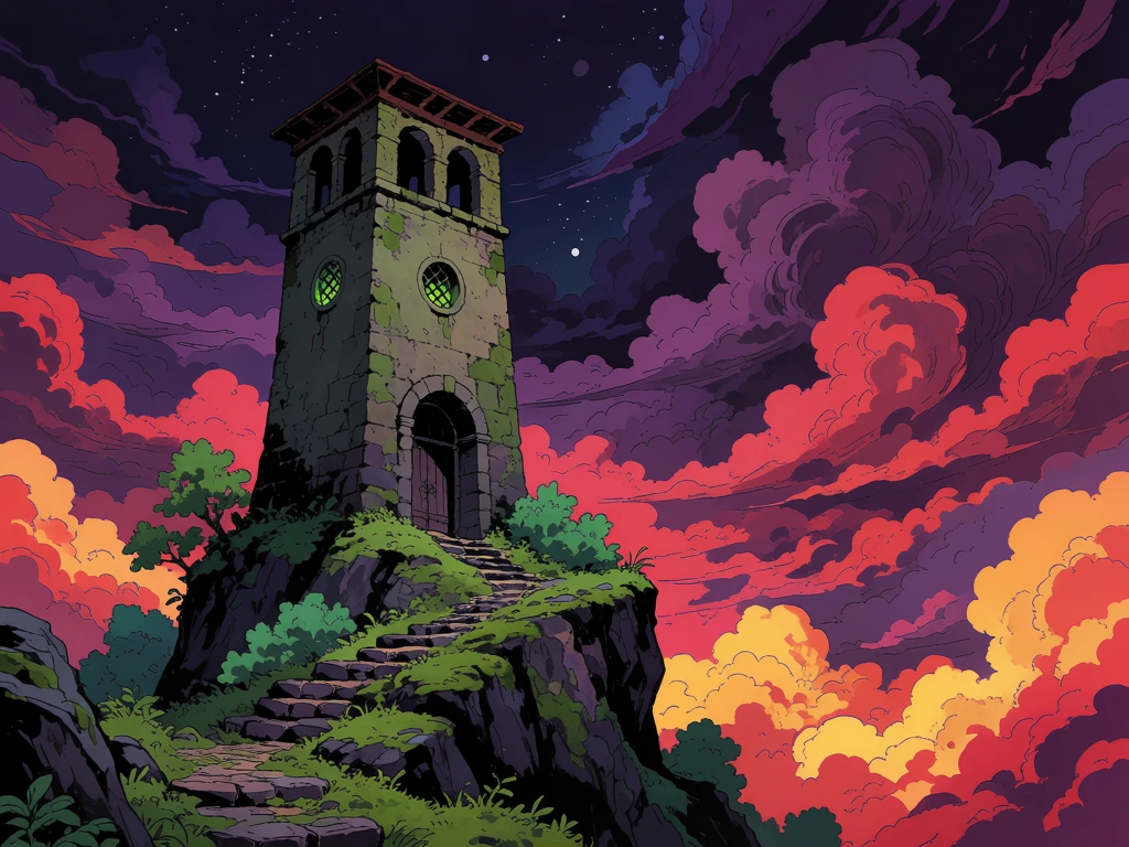 A tall, weathered stone tower stands perched atop a craggy, moss-covered cliff under a dramatic, swirling sky of purple and orange clouds. The square tower is constructed from aged, grey-green stone blocks and features a large arched entrance with a dark wooden door at its base. Two circular windows positioned higher up the tower's face emit a faint green glow from behind lattice frames, while the uppermost level contains twin arched openings on each side beneath a flat, dark brown roof. The tower is situated on a steep, dark grey cliffside where vibrant green grass and moss cling to the rocky ledges. A winding path of rough-hewn stone steps leads upward toward the entrance, flanked by clusters of green leafy bushes and a small tree on the left. The background is dominated by a vast, stylized sky filled with dense, billowing clouds that transition from bright yellow and orange at the lower right to deep reddish-pink and heavy, swirling purples. In the upper portion of the scene, the sky turns to a deep indigo, peppered with white stars and a pale, distant celestial body. The illustration employs a bold, cel-shaded artistic style with prominent dark outlines and a low-angle perspective that emphasizes the tower's height. The lighting is atmospheric, creating a high-contrast scene where the warm, glowing clouds juxtapose against the cool, dark tones of the stone and the night sky.