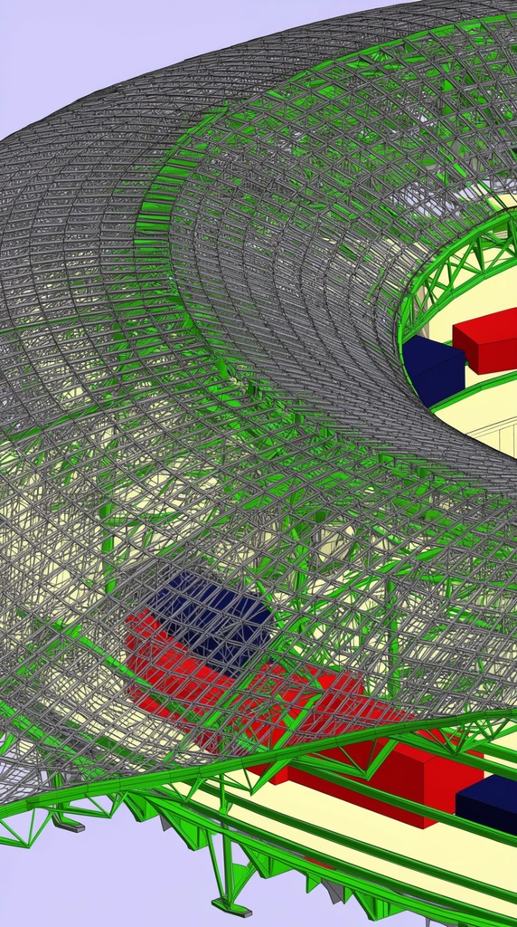A dense 3D architectural wireframe model of a sweeping structure is rendered in a technical viewport style. A massive, curving canopy formed by a complex gray geometric lattice swoops across the composition. Intersecting this dense mesh are solid structural beams in vibrant neon green, establishing a rigid skeletal framework. Solid rectangular volumes in primary red and dark blue are embedded within the lower sections, resting above pale yellow planar surfaces. The intricate assembly floats against a flat, pale periwinkle background viewed from a high-angle isometric perspective. The analytical visual style is defined by flat shading, sharp edges, and an overwhelming density of overlapping grids that generate extreme structural complexity.