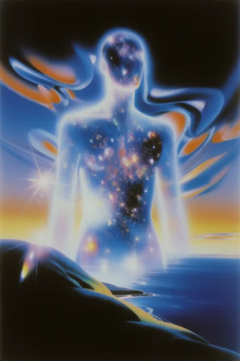 Neon Astral Retro-Futurism style reference image — cosmic nebula silhouette