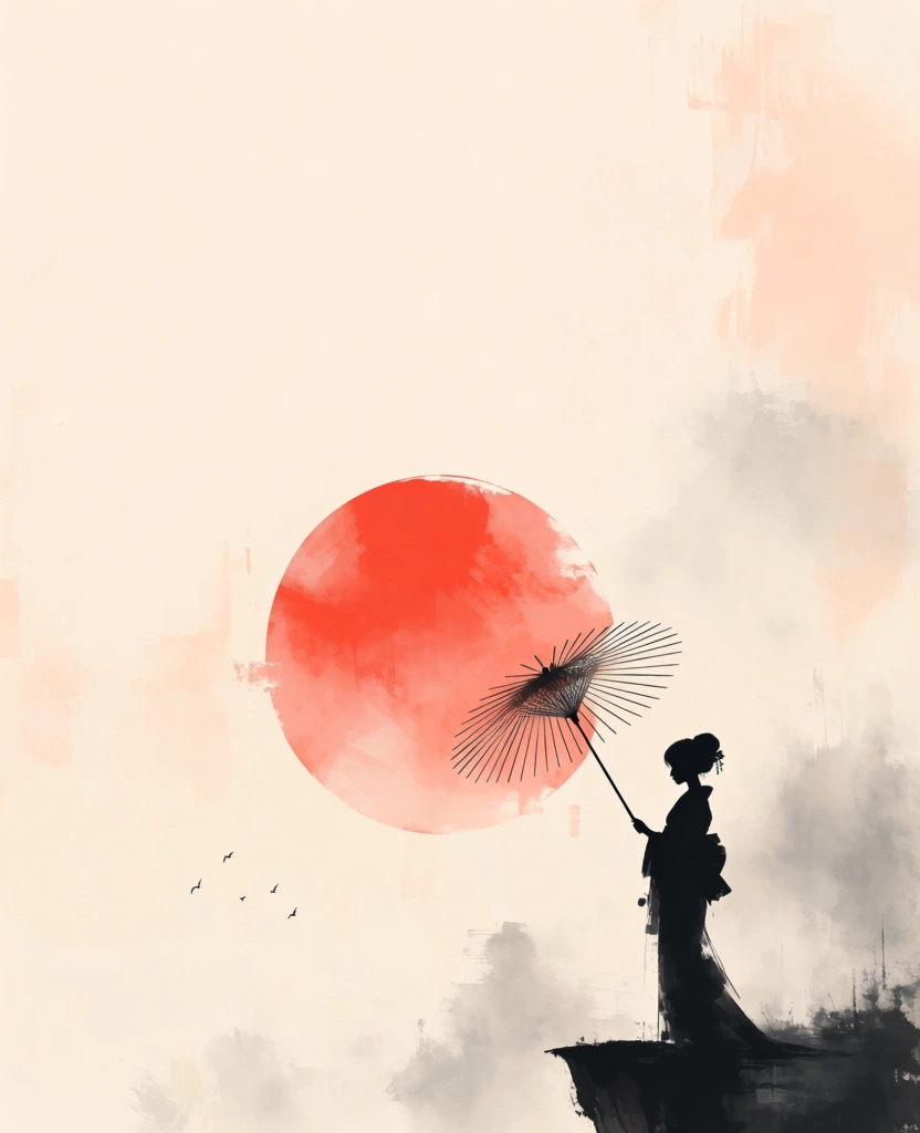 A minimalist, atmospheric digital painting shows the black silhouette of a woman in traditional Japanese dress standing on a cliff, holding an open paper umbrella against a huge red sun. digital painting, concept art, stylized silhouette illustration, minimalist Japanese-inspired composition, sumi-e influenced, painterly brush textures, matte rendering, poster-like design, serene, contemplative, elegant, dramatic, high negative space, low subject count, refined visual complexity, visually adjacent to Kazuo Oga, Loish in reduced form, traditional ink wash aesthetics, limited palette, ivory, warm beige, coral red, crimson, charcoal black, soft gray mist, diffuse light, low-key subject against bright backdrop, high contrast silhouette, no visible camera settings due to illustration, no photographic artifacts, subtle brush grain, soft edge blending, layered opacity washes. The background is mostly an open field of pale warm beige filling the entire frame, textured with faint broad brushstrokes and cloudy gray-white mist, especially along the right side and lower half. Slightly left of center sits a very large circular red sun, occupying much of the middle of the image; it is imperfectly painted, with translucent layered strokes, soft uneven edges, and tonal variation from deeper red near the top to softer pink-red near the bottom. In front of the sun, just right of center, stands the woman in profile facing left. Her figure is entirely black, slim and upright, with a neat bun at the back of her head, a small straight nose visible in profile, and a long kimono-like garment falling to her feet in a single tapering shape. A small rectangular pack or obi-like form protrudes at her back. She holds a long umbrella handle diagonally upward from her lower left side to above her right shoulder. The umbrella canopy opens over her upper body, tilted to the upper right, with many thin black ribs radiating from a dense central hub, creating a fan-like lace of lines against the red sun. Along the bottom right quadrant is a dark rock ledge or cliff, flat on top where she stands, with sheer vertical drop and irregular stepped edges descending downward. In the lower left-middle area, four tiny black birds fly upward in a loose diagonal, adding scale and distance.