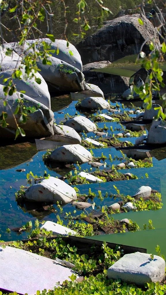 stroboscopic multi-layered composite, repetitive overlapping forms of large granite boulders, dense scattering of low-lying vegetation, hard midday sunlight with short high-contrast shadows, hyper-saturated greens and earth tones, fragmented hanging tree branches from top corners partially obscuring background rocks, high shutter speed clarity, cluttered all-over composition, deep depth of field, vibrant high-key outdoor lighting, sharp focus across all planes, staccato collage aesthetic