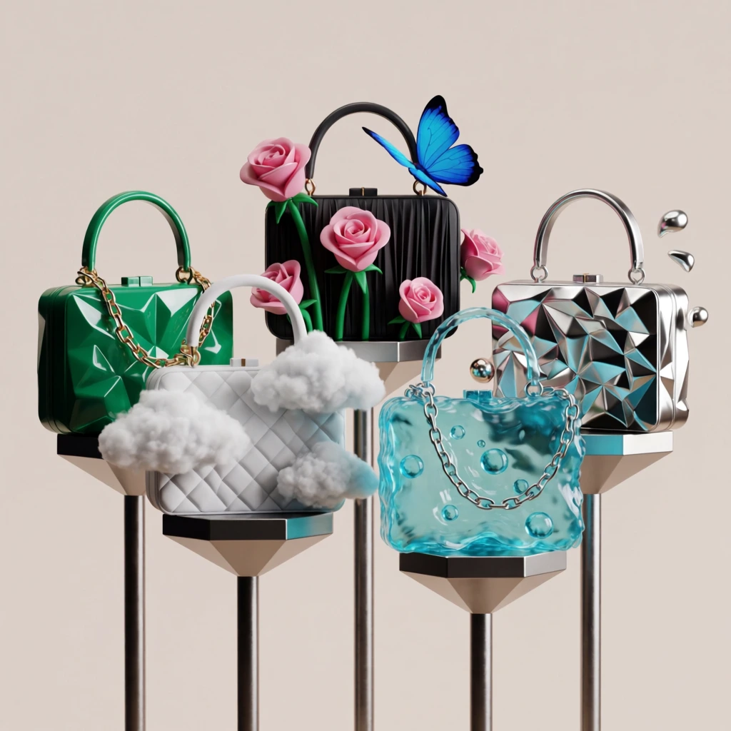 Five surreal rectangular handbags with unique three-dimensional textures rest on sleek metallic pedestals against a minimal beige background. The leftmost bag features a glossy emerald green faceted surface and a gold chain. Beside it, a matte white quilted bag is adorned with fluffy volumetric clouds. The central black bag has vertical pleats, pink sculptural roses, green stems, and a vibrant blue butterfly near its handle. To the right, a translucent aqua blue bag mimics rippling water with suspended spherical droplets and a silver chain. The far-right bag displays a brilliant silver faceted exterior with small metallic shapes floating nearby. The slim, hexagonal-topped stands vary in height. Rendered in a polished 3D aesthetic, soft studio lighting highlights the whimsical, material-defying textures of each conceptual accessory.