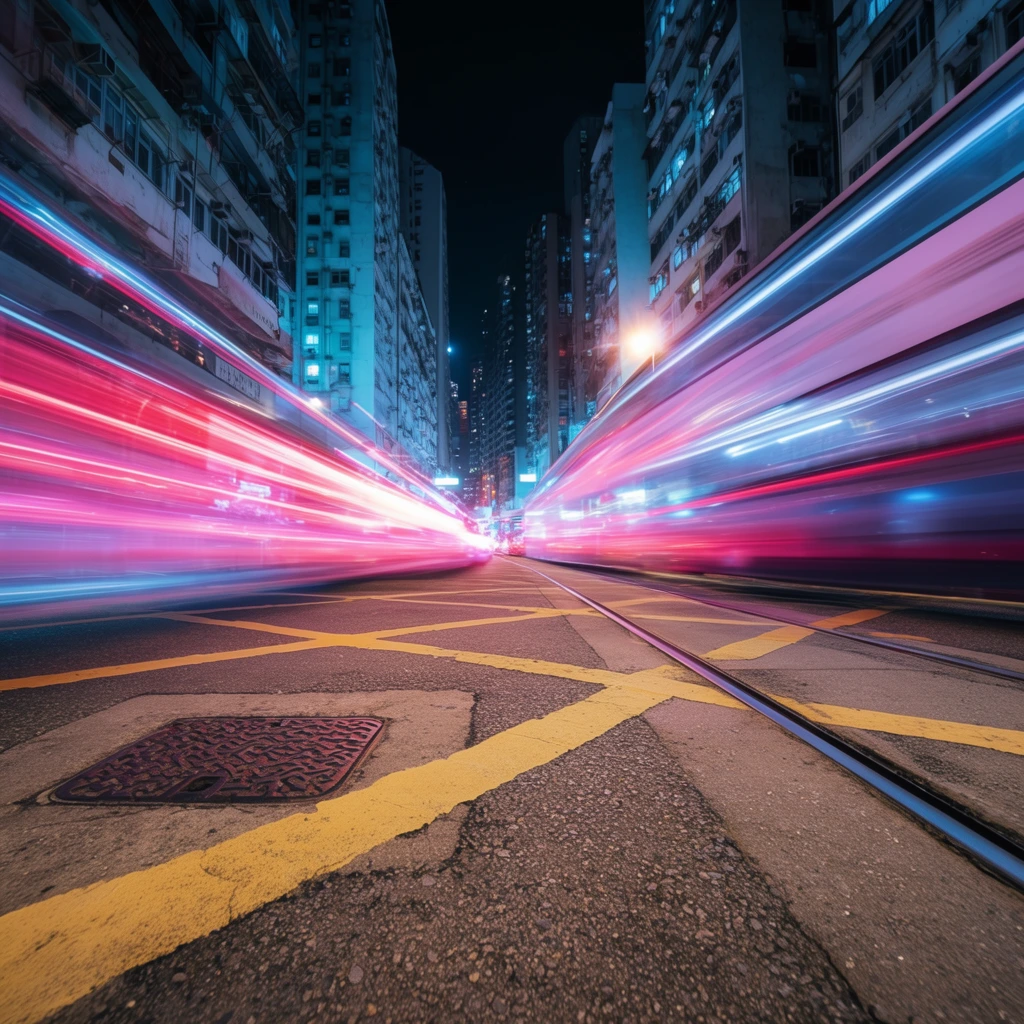 Dynamic light trails in electric pink, red, and icy blue streak through a dense urban street at night in a low-angle long exposure. The sharp foreground features textured asphalt, intersecting yellow painted lines, embedded steel tram tracks, and a square metal manhole cover. Towering high-rise buildings flank the deep wide-angle perspective, their static facades illuminated by cool cyan and warm ambient glow contrasting with the intense motion blur of passing traffic.