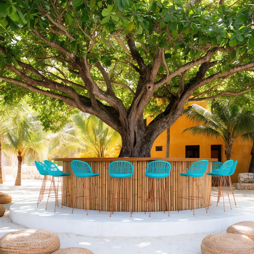 A circular outdoor bar built of vertical bamboo surrounds the trunk of a large shade tree. Several bright turquoise woven bar stools with thin copper wire legs line the wooden counter on a raised white concrete platform. Sunlight filters through the sprawling green canopy, casting dappled shadows. An ochre building, palm trees, pale sand, and woven floor cushions frame this sunlit tropical setting.