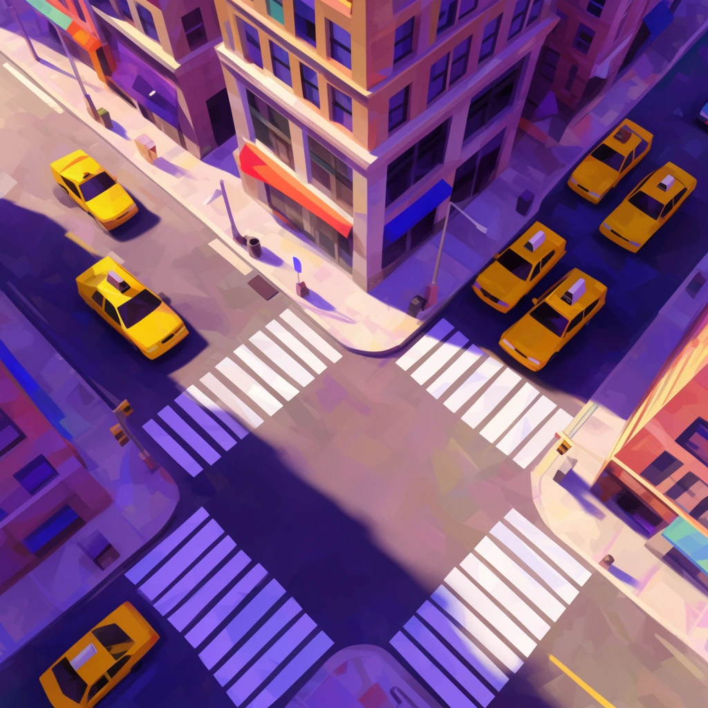 Aerial view of a stylized city intersection, painterly 3D render, yellow taxis, bold white crosswalks, tall geometric buildings, long diagonal shadows, purple and yellow palette