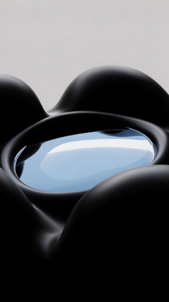 Abstract 3D render of a matte black organic structure enclosing a highly reflective light blue pool. Smooth, bulbous black forms create a thick raised rim around the glassy central surface, which reflects a curved white light. Set against a stark light gray background with dramatic, low-key lighting emphasizing deep shadows and smooth curves.
