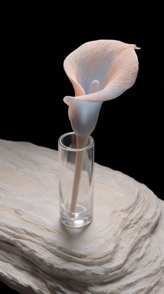 A single calla lily flower stands inside a cylindrical glass vase resting on a flat, deeply striated surface against a stark, pitch-black background. The calla lily exhibits a hyper-detailed, micro-textured surface, its single spathe formed from dense, delicate, fibrous threads in soft pastel gradients of pale peach and translucent blue. The transparent cylindrical glass vase catches bright, soft-edged reflections from the diffused overhead studio lighting. The flat slab supporting the vase features a chalky, matte finish with undulating, layered grooves and ridges, presenting the tactile appearance of weathered sedimentary rock or carved petrified wood. The lighting setup provides strong, high-contrast isolation, illuminating the intricate organic and geological textures with crisp, macro-level focal precision while casting smooth, soft-falloff shadows onto the stone-like base. The deep black environment acts as a pure, light-absorbing void, amplifying the highly tactile, three-dimensional rendering quality and the meticulously sculpted, hyper-realistic aesthetic of the botanical arrangement.