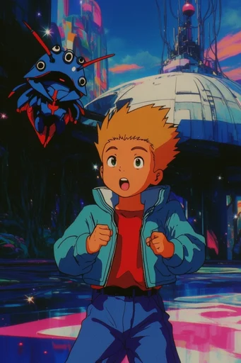 Neon Noir Retro-Futurism style reference image — 90s anime cel shading