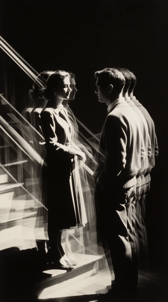 A woman and a man facing each other indoors near a staircase, rendered in a stark, high-contrast stroboscopic black and white photography style. The primary figures are captured as sharp, fully opaque forms layered over multiple trailing, translucent, ghostly repetitions of their own silhouettes to create a chronophotographic motion sequence. Harsh, directional light strikes their profiles and clothing, casting brilliant white highlights that starkly contrast with a pure, impenetrable pitch-black background. Angular, transparent streaks of bright light intersect the fading, overlapping layers of the secondary exposures. The nearby staircase emerges selectively from the dark void, its architectural edges catching the severe, localized illumination. The composition features a subtle warm monochrome tint, emphasizing deep inky shadows, dramatic chiaroscuro, and the rhythmic visual texture characteristic of vintage mid-century avant-garde multiple-exposure camera techniques.