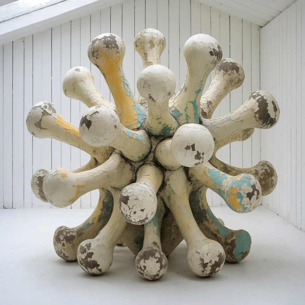 A biomorphic sculpture of bulbous, bone-like tubular appendages radiating from a central core. Its weathered surface displays peeling off-white, pale yellow, and teal paint. It sits in a stark white room with slatted walls under diffuse light.
