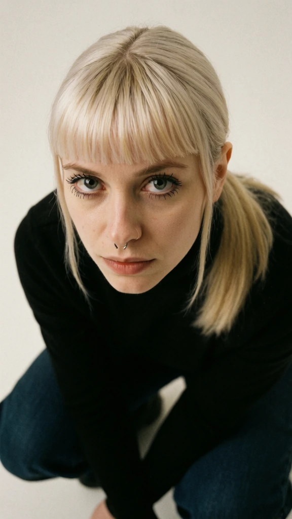 A high-angle, close-up portrait captures a young woman with pale blonde hair styled in short, straight-cut bangs and a low ponytail, looking directly upward into the lens. Her hair is a warm, flaxen blonde, and two longer strands frame her face, which has a light complexion with visible freckles across her nose and cheeks. She has light-colored eyes emphasized by dark mascara on her upper and lower lashes, and a small silver ring is pierced through her left nostril. She wears a black turtleneck sweater and dark blue denim jeans, shown as she crouches on a plain, off-white surface that serves as both the floor and the background. The camera angle is sharply from above, creating a distorted, top-down perspective where her head and hair dominate the upper portion of the frame while her body tapers downward. The lighting is soft and even, casting minimal shadows and highlighting the texture of her hair strands. The overall color palette is minimalist, composed of neutral whites, deep blacks, blue denim, and the pale tones of her hair and skin, with a grainy, film-like texture throughout the image.