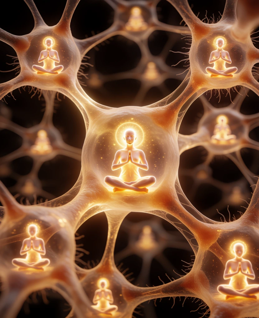 A complex network of translucent, organic neural structures spans a dark void, with each bulbous cell body housing a glowing, meditative figure. The central and largest figure sits in a cross-legged lotus position with hands pressed together in a prayer-like gesture, emitting a bright golden light that illuminates the surrounding semi-transparent membrane. This figure's head is crowned with a brilliant circular halo of light. Numerous similar figures are visible within other nodes throughout the branching web, receding into the distance and decreasing in size to create a sense of deep perspective. The neural pathways consist of thick, fleshy tubes and delicate, hair-like fibers that glow with a warm, amber hue. The composition employs a shallow depth of field, keeping the central node in sharp focus while the distant connections and figures blur into the dark background. The color palette is dominated by warm golds, oranges, and tans against a deep black backdrop, emphasizing the internal luminosity of the figures. The lighting is soft and ethereal, appearing to emanate entirely from the figures themselves and casting a gentle glow on the interconnecting biological structures.