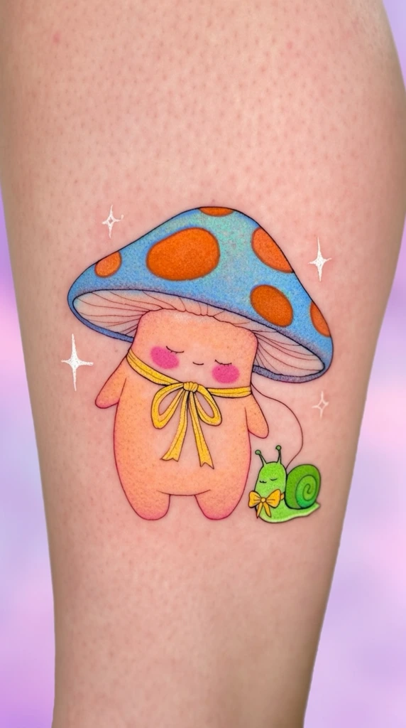 A fine-line color tattoo on human skin featuring a whimsical anthropomorphic mushroom character and a tiny sleeping snail. The plump peach-toned mushroom has a wide blue cap with large orange spots, stubby limbs, bright pink cheeks, and a serene resting face. A yellow ribbon is tied in a bow around its neck. A delicate line connects the mushroom to the vibrant green snail sporting a matching yellow bow tie. Stylized white four-pointed star sparkles float around the figures. The artwork utilizes bright pastel inks with delicate stippled shading, contrasting with the natural skin canvas and an out-of-focus lavender and pink gradient background.