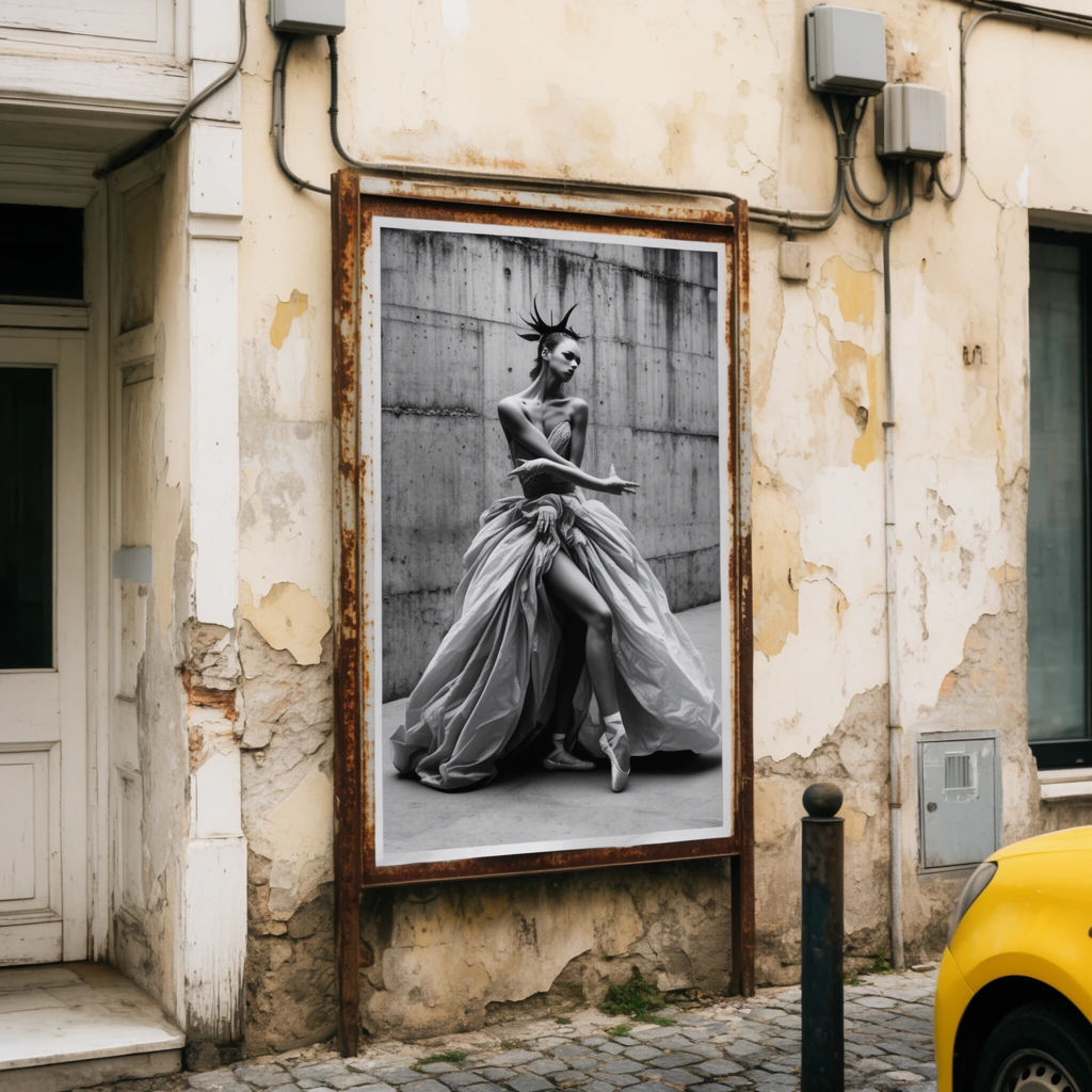 A weathered cream stucco building facade with peeling paint and exposed masonry features a large rusted metal frame holding a black-and-white poster. The poster displays a high-contrast monochromatic fashion portrait of an avant-garde dancer in a voluminous gown posing against a stark brutalist concrete wall. Surface-mounted electrical conduits and gray utility boxes dot the heavily textured exterior. A recessed white wooden entryway sits to the left. On the right, a dark metal post stands on a cobblestone street near the curved fender of a bright yellow car. Soft daylight illuminates the rich textures of the decaying urban architecture.