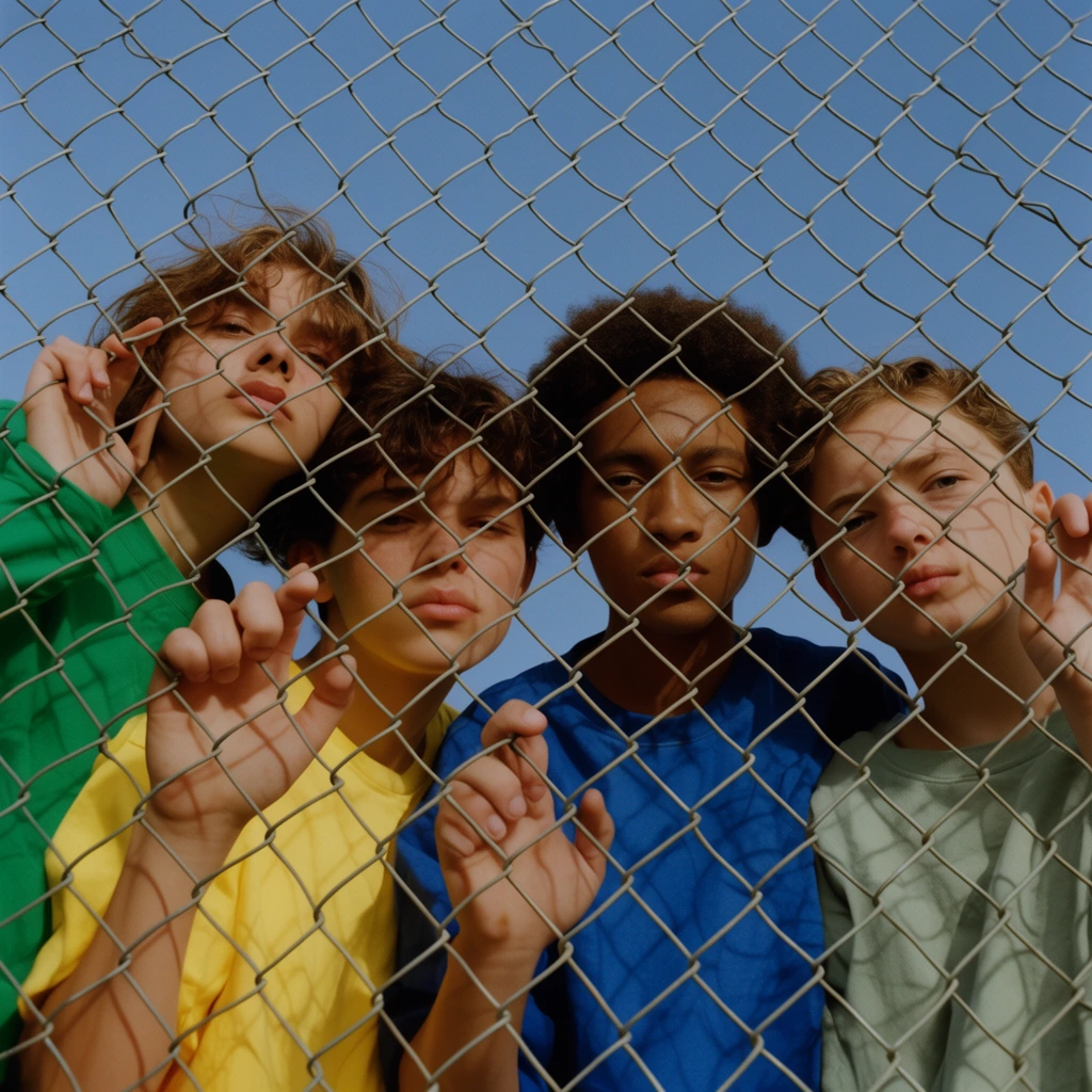 Four youths gaze down through a chain-link fence against a blue sky in a tight low-angle portrait. Wearing green, yellow, blue, and sage tops, they grip the wire mesh. Direct light casts distinct diamond shadows across their faces, creating a raw editorial aesthetic.