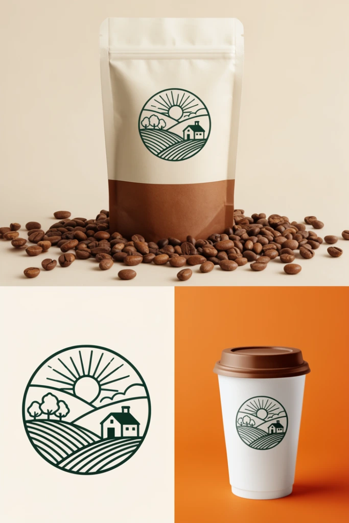 three-part product mockup layout, cream and brown stand-up pouch with scattered roasted beans, dark green circular line-art emblem depicting a rural farm landscape with rolling hills and a sunburst, white takeaway cup with a brown lid on an orange background, warm earth tone color palette, clean minimalist studio lighting