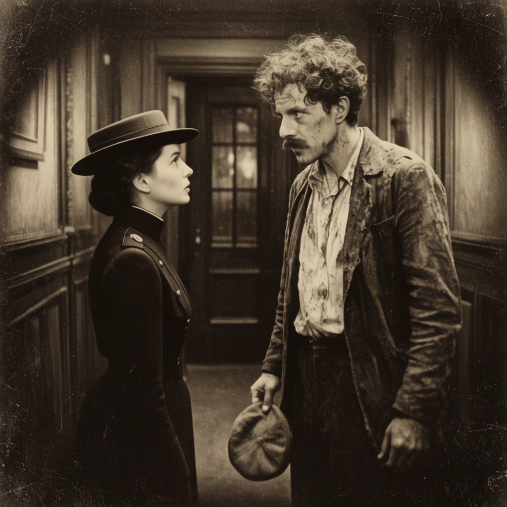 A sepia-toned vintage film still of a tense encounter in a wood-paneled hallway. A woman in profile wearing a high-collared dark uniform and flat-brimmed hat looks up at a tall, disheveled man. He features messy curly hair and a mustache, wearing a soiled shirt and rumpled jacket while clutching a soft cap by his side. Heavy film grain, physical scratches, and a deep edge vignette frame the high-contrast composition near a dark, glass-paned door.