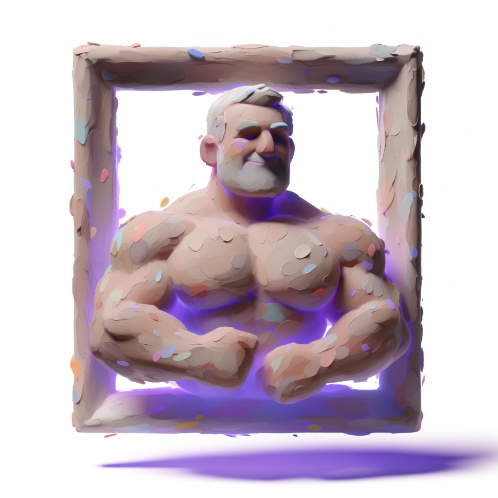 A stylized, painterly 3D rendering of a muscular older man posed within a frame, isolated against a stark pure white background. The heavily muscled figure and the surrounding frame are constructed with thick, chunky, clay-like impasto brushstrokes, giving them a tactile, freshly sculpted appearance. The man's robust physique is formed from broad, dab-like digital marks in muted, fleshy tones. Soft, diffused directional lighting illuminates the top of the scene, casting a distinct, soft-edged purple shadow directly onto the white ground beneath the frame. Vibrant, glowing violet and periwinkle bounce light deeply saturates the undersides of the man's musculature, features, and the lower inner edges of the frame. Small, contrasting stylized flecks of pastel color are scattered across the textured surfaces like loose paint or clay shavings. The aesthetic merges rounded, voluminous 3D geometry with an expressive, hand-painted surface finish.