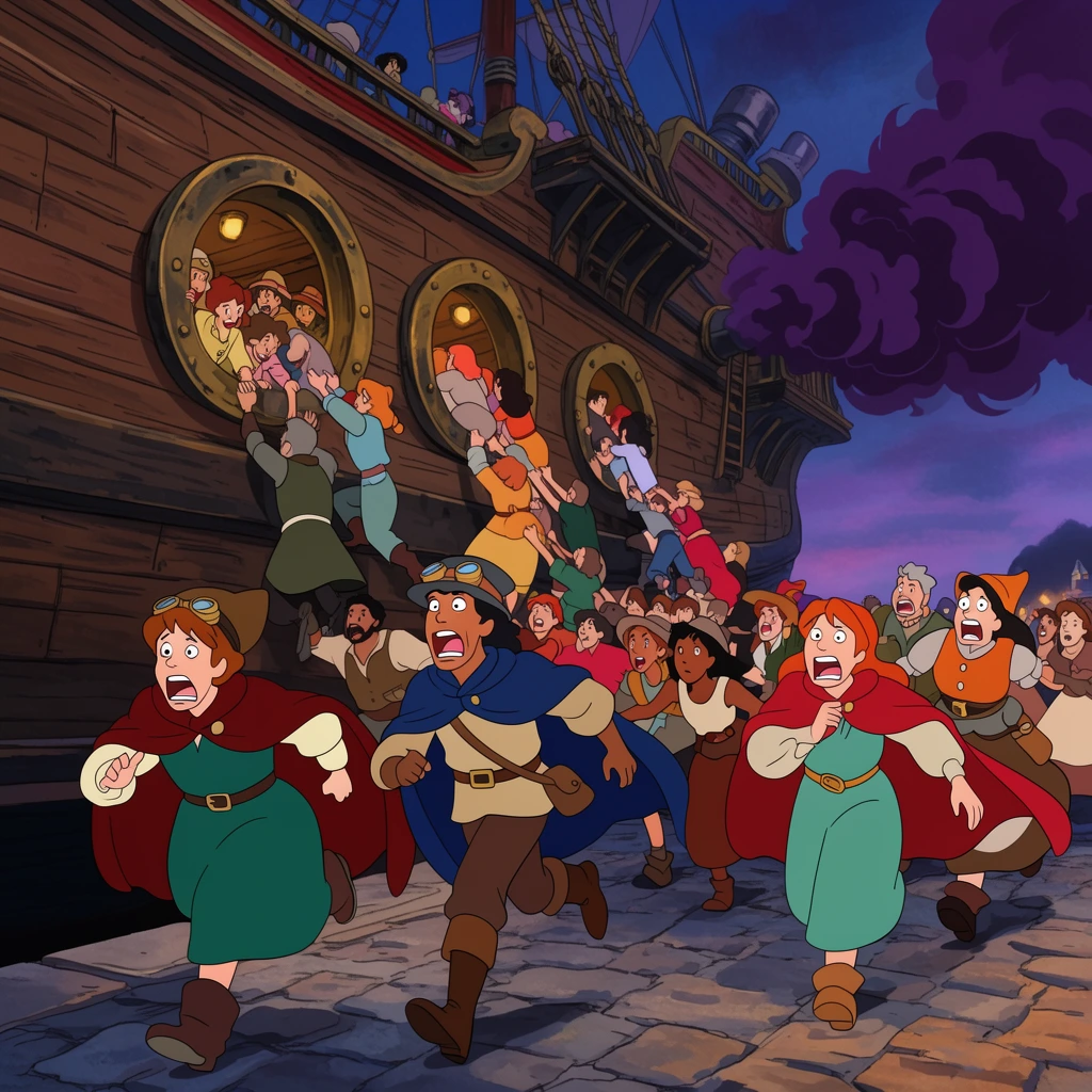 A frantic 2D animated scene of a chaotic crowd scrambling to board a massive wooden flying galleon. Dark purple smoke billows from the ship engine against a twilight sky. Passengers in bright fantasy attire hang from open portholes pulling others aboard. In the foreground figures wearing capes and goggles run over a cobblestone dock toward the departing vessel with faces expressing sheer panic.
