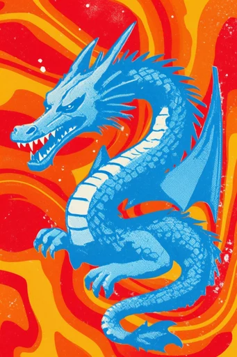 Psychedelic Halftone Pop style reference image — saturated electric blue and orange
