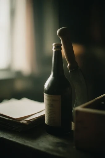 Cinematic Analog Melancholy style reference image — low-key warm lighting