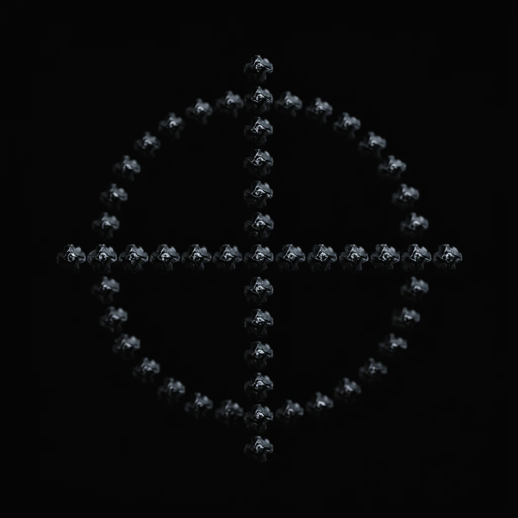 A symmetric crosshair formed by repeating dark metallic modules in a pitch-black void. The design features intersecting vertical and horizontal axes enclosed by a circle. Each discrete node has a rough, rocky surface catching subtle silver highlights. The stark monochromatic composition uses a pure black background to emphasize high-contrast 3D rendering. Slight depth of field blurs the outer edges, focusing sharp detail on the center in a dark minimalist style.