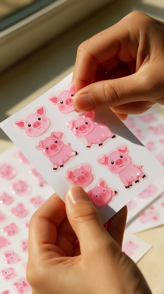 Hands apply translucent, elongated pink pig stickers to a white card in a close-up shot. Top fingers carefully place a cartoon pig sticker alongside similar attached designs, while the lower hand supports the paper. Blurred sticker sheets rest on a flat surface below. Strong, warm sunlight casts sharp diagonal shadows, illuminating skin textures and glossy details.