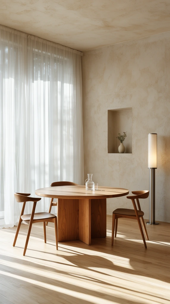 Round wooden dining table with cross base, three curved wooden chairs, glass carafe, textured beige plaster wall, sheer white curtains filtering natural light, light hardwood floor, long sharp shadows, recessed wall niche with small vase, sleek cylindrical floor lamp, warm minimalist aesthetic