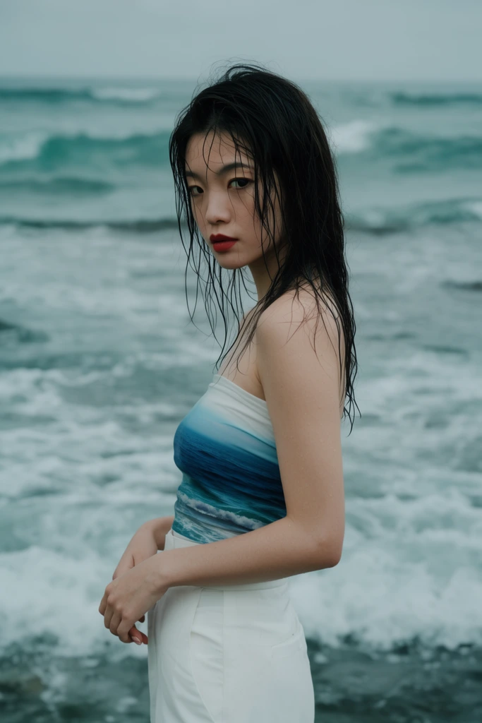 A cinematic waist-up portrait of a young Asian woman standing before a churning ocean, looking over her left shoulder with an intense, direct gaze. Her wet, dark hair clings in thin strands to her pale skin, contrasting with subtle red lipstick. She wears high-waisted white pants and a strapless tube top featuring a blue and white seascape gradient. Her hands rest gently clasped near her waist. The background features rolling, white-capped teal waves slightly blurred by a shallow depth of field. Shot under soft overcast lighting, the cool marine color palette creates a moody, atmospheric aesthetic with striking contrast.