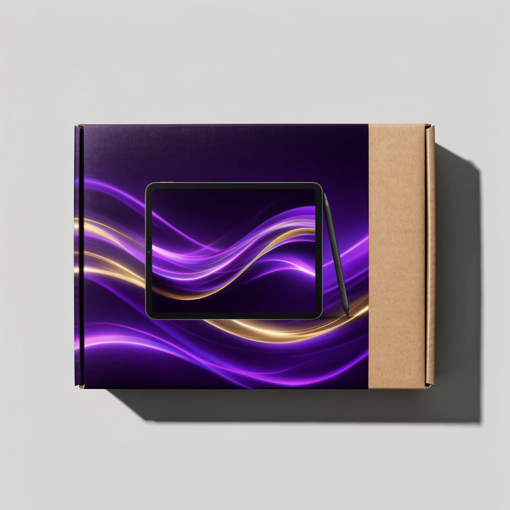 A rectangular cardboard packaging box rests flat on a solid light grey surface. The main section features a dark purple background with luminous neon purple and gold flowing abstract wave patterns. Centered on the box is an illustration of a sleek black digital tablet and stylus displaying the same glowing waves. The right quarter contrasts sharply with a section of raw brown kraft cardboard. A hard drop shadow casts to the bottom right under strong directional studio lighting, completing the crisp, minimalist flat-lay presentation.