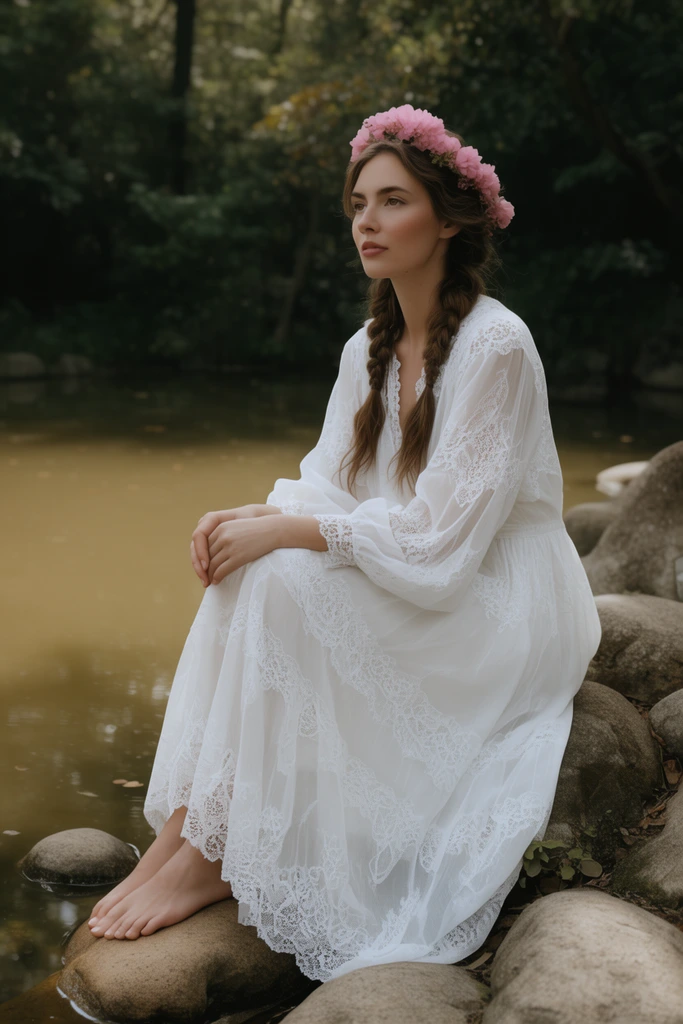 A barefoot woman in a flowing white lace dress sits on smooth rocks beside a still, murky pond. Wearing a pink flower crown in her braided brown hair, she gazes off-camera. Soft, diffused natural light illuminates her crisp attire against the earthy, shaded woodland background in this ethereal portrait.