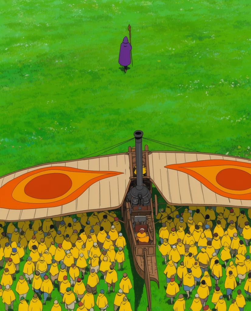 High-angle cel-shaded illustration of a vast green meadow. A dense crowd in bright yellow ponchos pushes a steam-powered wooden glider featuring huge orange teardrop wing patterns. Above them, a lone figure in a purple cloak holding a staff walks away across the vibrant grass.