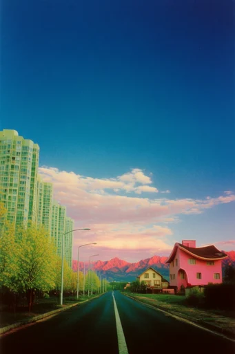 Surreal Retro-Futurist Pastoral style reference image — minimalist modernist architecture