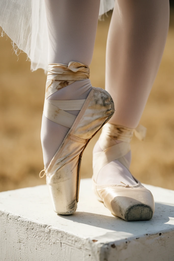 Close-up of a dancer's feet wearing heavily scuffed, off-white pointe shoes standing on a rough white rectangular block. The left foot balances fully en pointe, with the right foot resting flat behind it. Thick, stained ribbons wrap securely around the ankles over pale opaque tights. A sheer, frayed white fabric edge hangs nearby. Warm, natural sunlight illuminates the worn canvas and casts sharp shadows on the textured pedestal against a smoothly blurred, dry tan background.