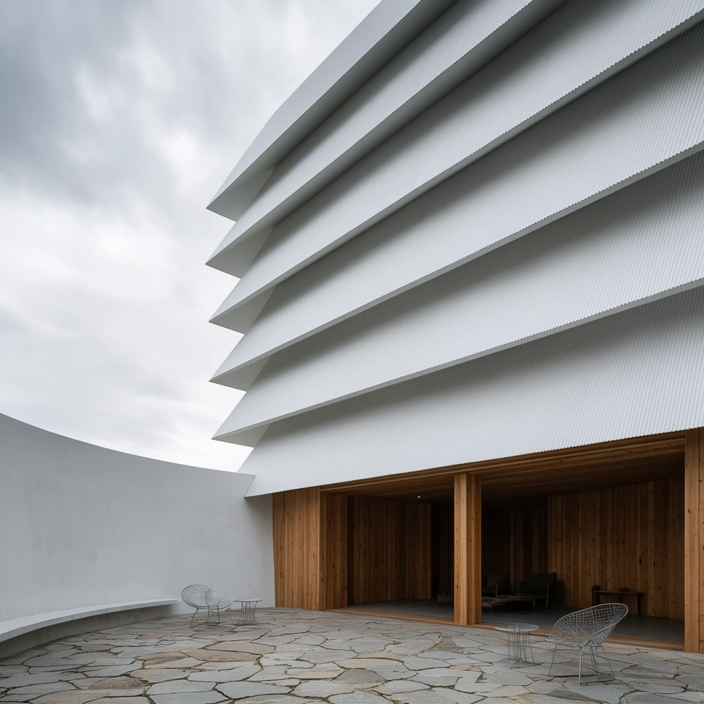 modern minimalist building, stacked white corrugated layers, sharp overhanging eaves, open wood-lined ground floor, flagstone patio, curved white concrete wall, wire chairs, overcast sky, low angle architectural photography