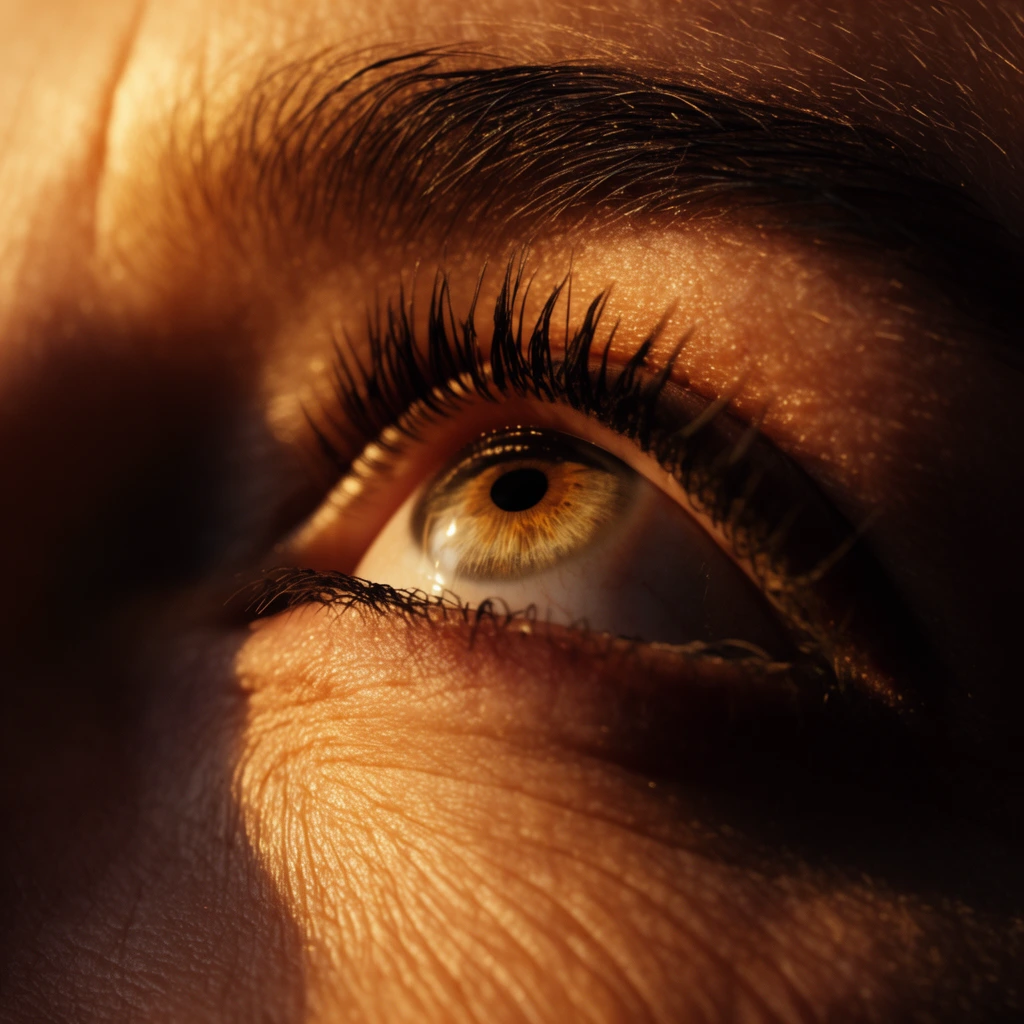 extreme close-up of a human eye looking upwards, hazel iris, long dark eyelashes, textured skin with fine wrinkles, prominent eyebrow, warm golden directional lighting, deep dramatic shadows, macro photography