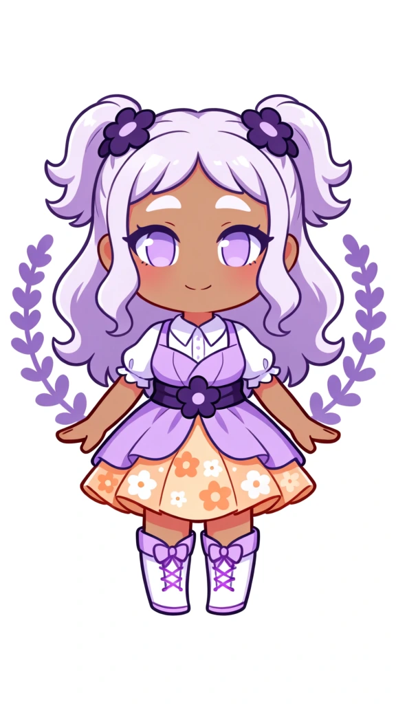 A full-body digital illustration depicts a chibi-style character with tan skin, lavender hair, and purple eyes, framed by two lavender sprigs against a solid white background. The character has voluminous, wavy, light purple hair styled into two pigtails on the top of her head, secured by dark purple flower ornaments with light centers. Her large, expressive eyes are a solid light purple with white, curved eyebrows above them, and she has a small, gentle smile. She wears a multi-layered dress featuring a white collared blouse under a lavender bodice with short puffed sleeves. A dark purple sash with a central flower ornament cinches her waist, leading into a flared skirt with a top layer of lavender fabric and a bottom layer of pale orange fabric decorated with a pattern of white and orange flowers. Below her skirt, she wears white boots with purple laces and lavender bow accents at the top. Two stylized lavender sprigs with small, rounded purple leaves curve upward behind her on both the left and right sides. The art style is clean and vibrant, utilizing bold outlines, soft cel-shading, and a pastel color palette dominated by shades of purple, white, and pale orange. The character is centered in the frame from a front-facing perspective, with her arms slightly outstretched.