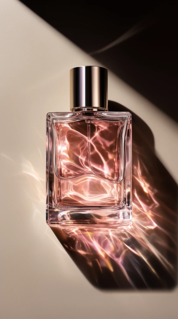 rectangular transparent glass perfume bottle containing rose-gold liquid, metallic cylindrical cap, smooth matte beige surface, dramatic high-contrast lighting, sharp diagonal shadow bisecting the background, complex luminous caustic light refractions, rippling pink and amber light patterns, deep cast shadow, overhead perspective, luxury product photography