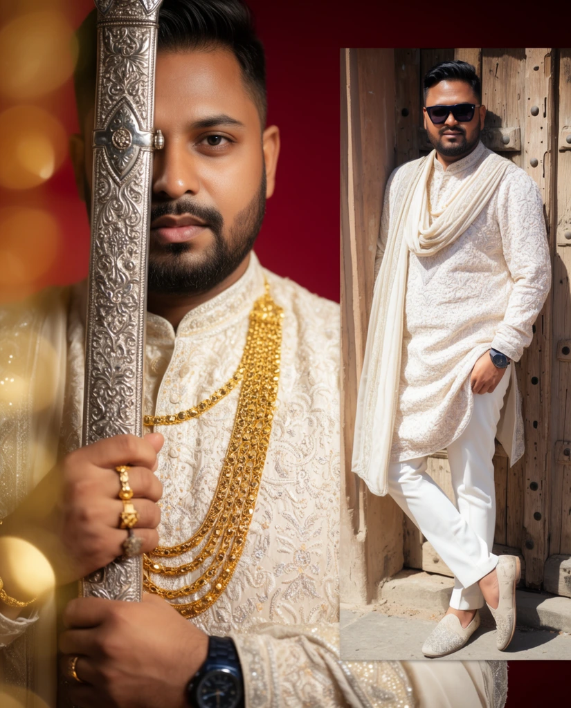 A composite dual portrait of a South Asian man in elaborate formal attire. The dominant left side features a dramatic close-up of the man holding a highly ornate, embossed silver sword scabbard vertically, bisecting his face and partially obscuring one eye. He has a well-groomed beard and wears an intricately embroidered off-white tunic with thick layered gold necklaces, rings, and a dark wristwatch. Soft golden bokeh lights float in the foreground against a deep crimson background. Overlaid on the right is a full-body inset portrait lit by bright, direct sunlight. The man leans casually with crossed legs against a rustic, rivet-studded wooden door. He wears dark sunglasses, the matching off-white tunic with a draped scarf, fitted white trousers, and light embellished slip-on shoes.