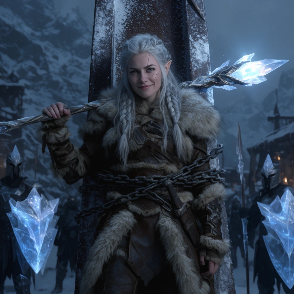 rugged elven female warrior chained to a frost-covered iron monolith, smirking with a facial scar, long braided silver hair, wearing heavy fur-lined leather armor, holding a glowing crystal staff across her shoulders, dark snowy mountain outpost setting, armored guards with crystalline shields in background, cinematic lighting, cool blue color palette, high fantasy aesthetic, dramatic low angle, 35mm film still
