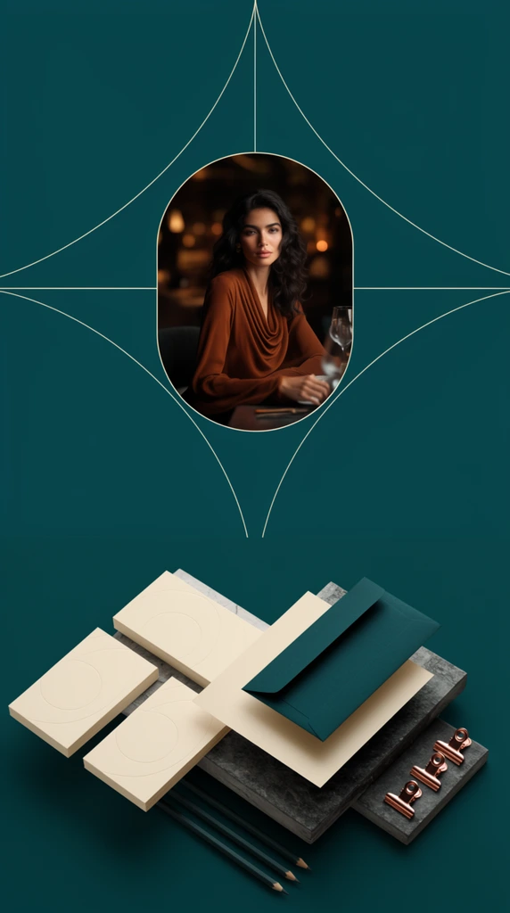 A luxurious brand identity presentation board featuring a deep teal-green background. The center displays an oval photographic vignette of a woman with dark wavy hair in a rust-colored draped top, seated at a dimly lit table with warm background bokeh. Fine cream-colored geometric lines intersect around the vignette. The lower section presents an isometric three-dimensional mockup of stationery on a matching teal surface. Precise stacks of cream-colored rectangular cards with subtle embossed concentric arcs sit to the left. On the right, dark teal envelopes, layered cream paper, charcoal pencils, and metallic copper binder clips are arranged meticulously on a textured dark grey stone slab. The composition employs a sophisticated, minimalist aesthetic with crisp studio lighting and a rich teal and cream palette.