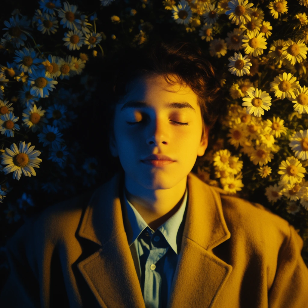 young person lying supine in a dense bed of daisies, serene expression with eyes closed, wearing a tan overcoat and light blue collared shirt, overhead bird's-eye view, striking dual-tone cinematic lighting, intense golden-yellow illumination on the right, deep blue ambient shadows on the left, high-contrast portrait photography, pitch-black background