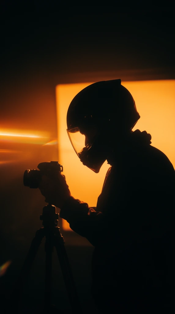 silhouette of a person in a full-face helmet operating a camera on a tripod, strong backlighting from a bright rectangular amber light panel, deep black shadows, cinematic low-key photography, high contrast, warm orange glow, horizontal lens flare on the left