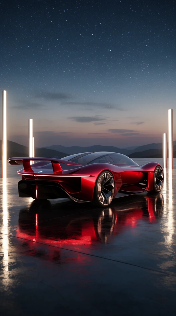 A futuristic crimson concept car sits on a reflective dark plaza at twilight. The aerodynamic vehicle features a broad rear wing, thin LED taillights, and a glass canopy. Vertical illuminated pillars cast bright reflections on the glossy metallic paint. Distant mountains and a starry sky complete the background. Captured in a photorealistic style with dramatic low-angle lighting.