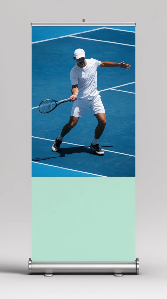 A freestanding silver metal roll-up banner stand positioned against a seamless light gray studio backdrop. The banner features a vertically split design. The top half displays a vibrant action photograph of a male tennis player in a white shirt and cap, mid-swing with a racket on a bright blue hard court with distinct white boundary lines under strong, high-contrast sunlight. The bottom half consists of a solid pastel mint green rectangular field. The display is supported by a cylindrical metallic base with two flat protruding feet and secured at the top by a thin silver tension bar.