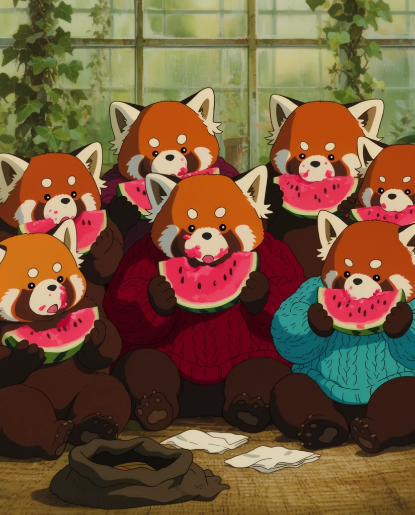 A cluster of seven stout anthropomorphic red pandas huddles together eating large slices of bright pink watermelon. The fuzzy creatures sit heavily on a woven floor mat, grasping the fruit with both paws, their round faces smeared with juice. The central figures wear oversized chunky knit sweaters in deep crimson and cyan, adding soft textural contrast to their thick auburn fur. Crumpled white napkins and a dark open burlap sack rest in the immediate foreground. The group is situated inside a brightly lit greenhouse framed by frosted glass panels and climbing ivy. Rendered in a traditional 2D animation style, the scene features flat cel-shaded coloring, soft warm ambient sunlight, and intricate hand-drawn background elements utilizing a cozy earthy color palette.