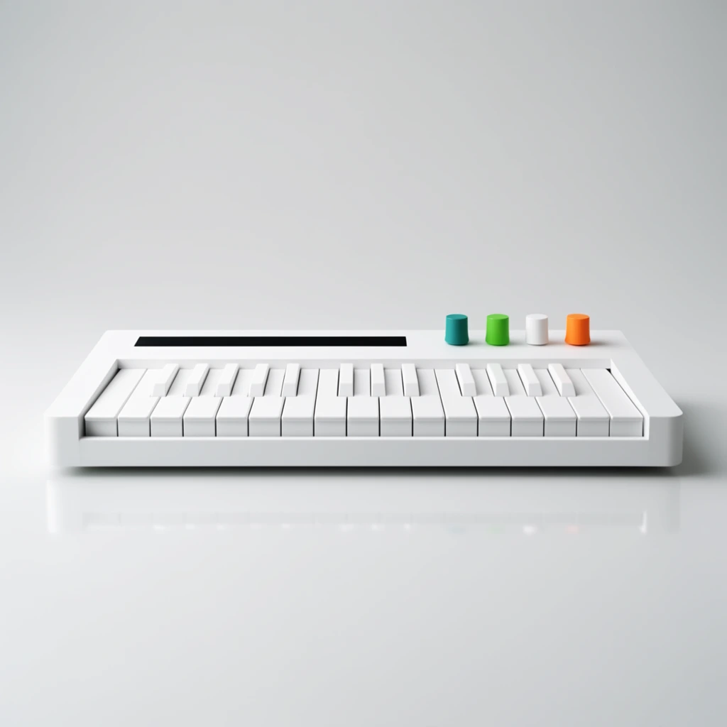 A minimalist white electronic synthesizer keyboard rests on a glossy reflective surface against a seamless light gray studio backdrop. The pristine instrument features seamlessly integrated flat keys, a slim black display strip, and four cylindrical control knobs colored teal, bright green, white, and orange. Soft high-key diffused lighting highlights the sleek, ultra-modern industrial design and precise, centered composition.