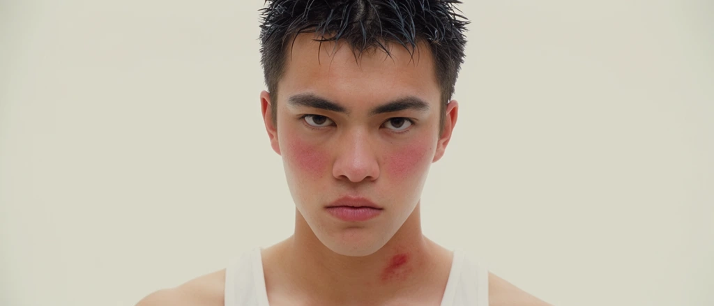 close-up straight-on portrait of a young man with an intense stare, short dark wet-look spiked hair, flushed cheeks, slight red mark on his neck, wearing a white ribbed tank top, bare shoulders, soft even high-key studio lighting, plain off-white background, minimalist 90s fashion photography, realistic skin texture