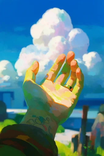 Vibrant Anime Escapism style reference image — towering cumulus clouds